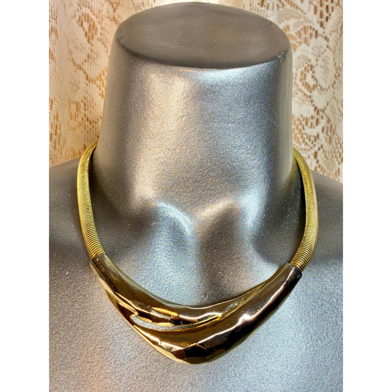 Vintage 1980s Gold Tone Flat Snake Chain Necklace | Faceted Modernist Collar 17”