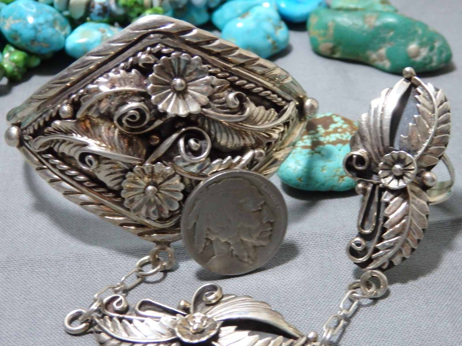 NAVAJO Jackson Sterling Silver SQUASH BLOSSOM Style 50g SLAVE BRACELET Ring sz9