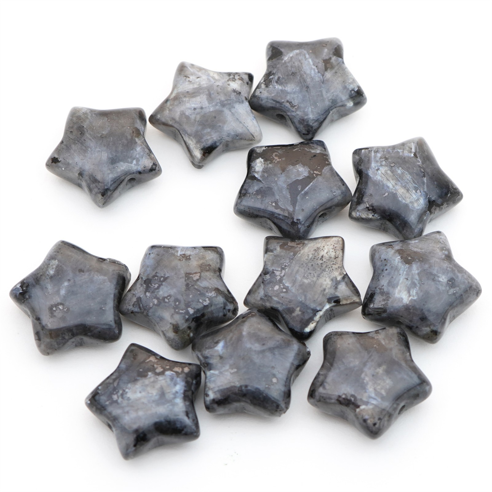 12 flat Norwegian moonstone star beads grey black larvikite stone avg 15mm