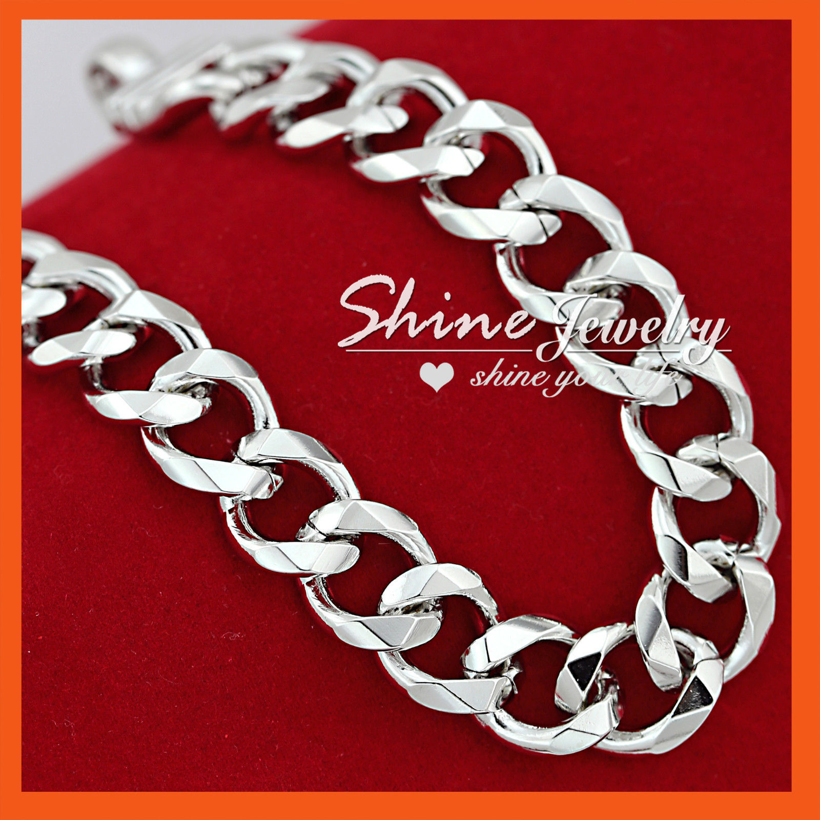 18K GOLD FILLED SILVER DIAMOND CUT WIDE RING CURB 23cm SOLID MENS WOMEN BRACELET