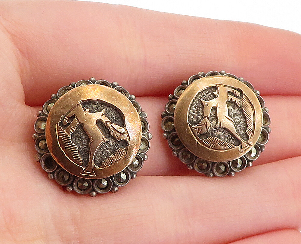 925 Sterling Silver Vintage Marcasite Two Tone Non Pierce Earrings EG2359