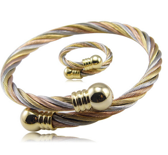 Silver/Gold/Rose Gold Stainless Twisted Cable Wire Bangle & Ring Jewelry Set