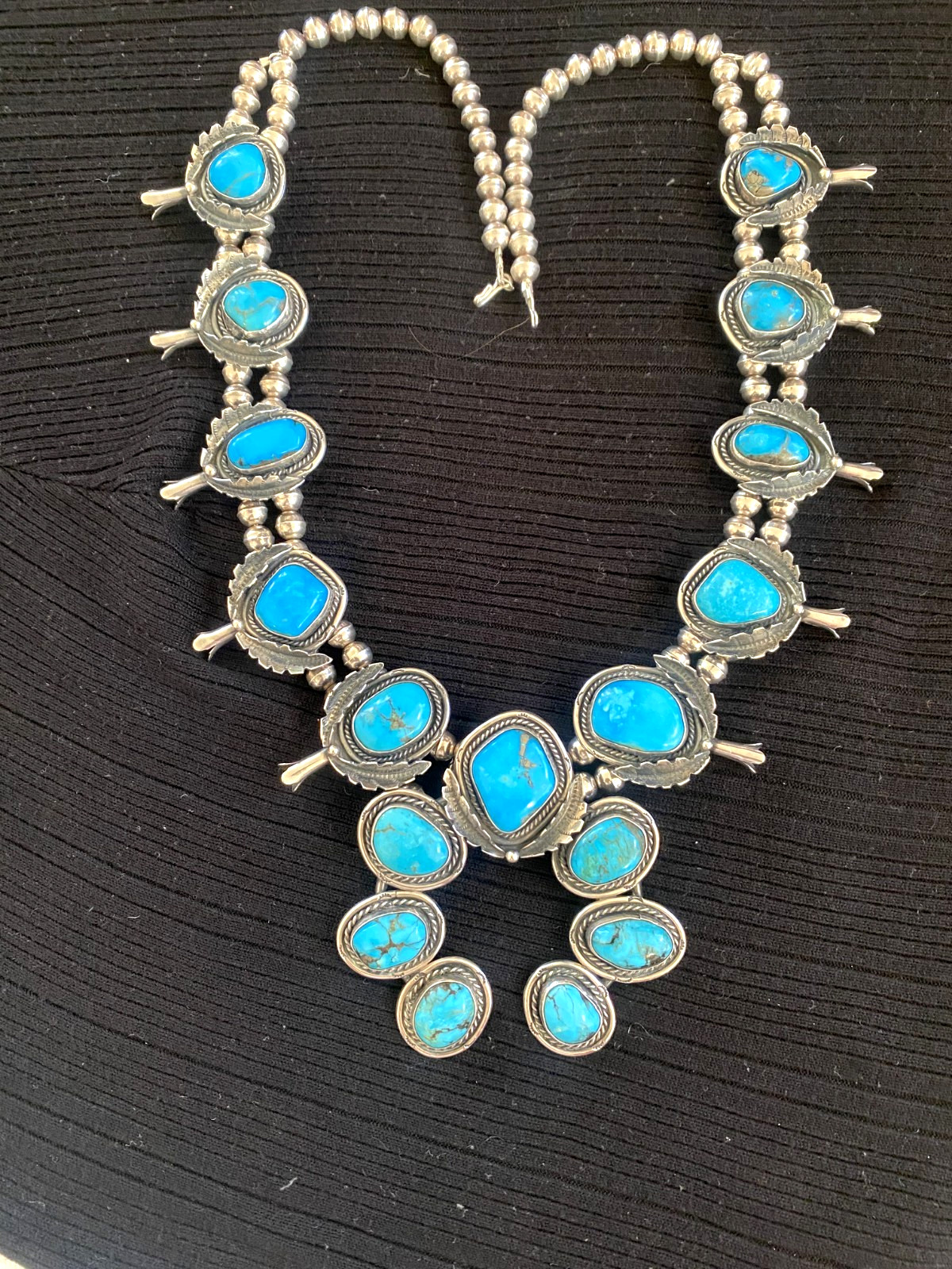 Turquoise Squash Blossom Necklace Vintage Sterling 275g