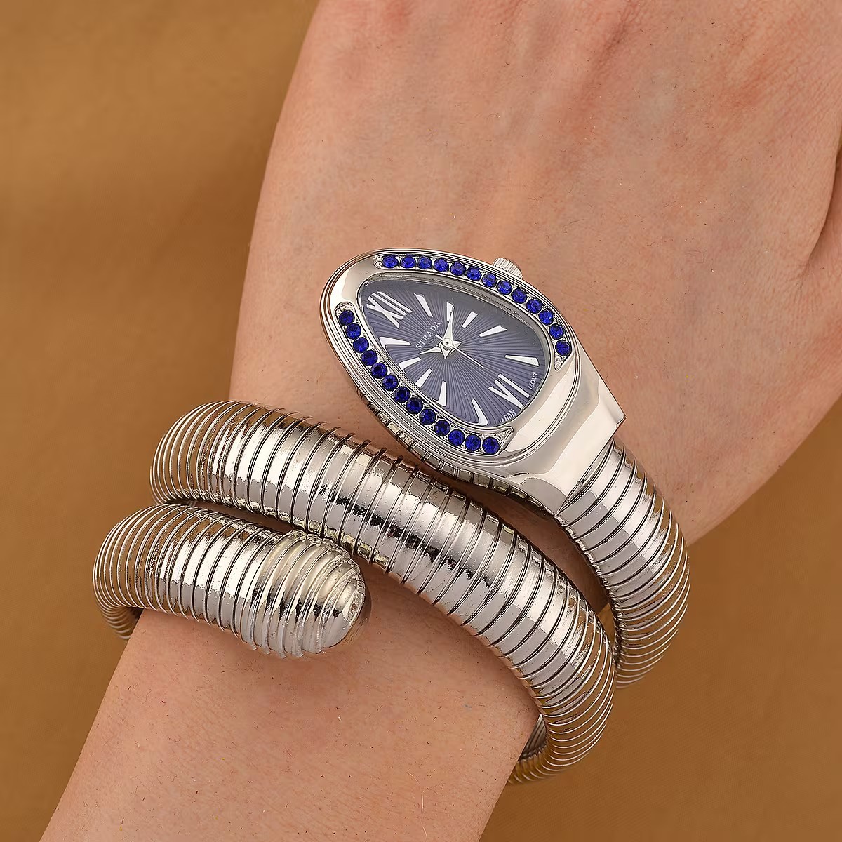 Strada Blue Austrian Crystal Wrap Around Watch in Silvertone Japanese Movement