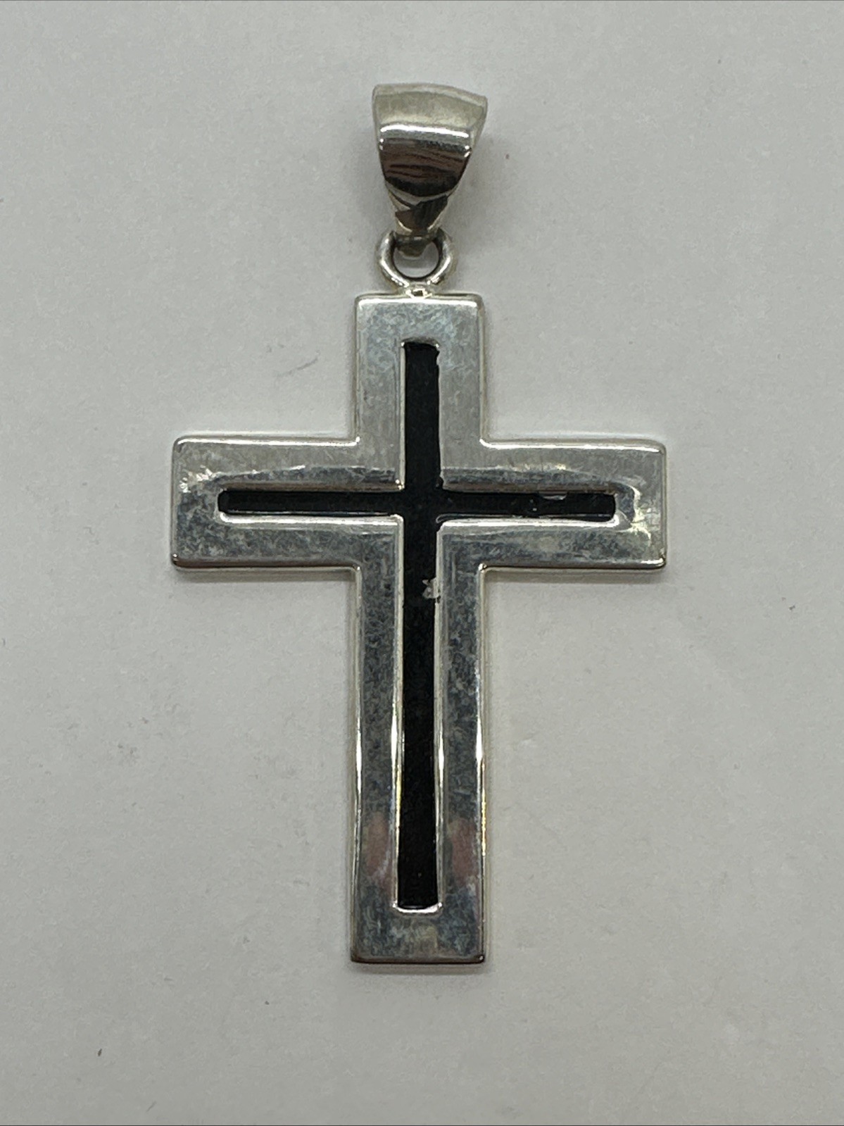 Unisex Silver Tone Black Enamel Cross Pendant Signed BEST—2 1/2″ inches