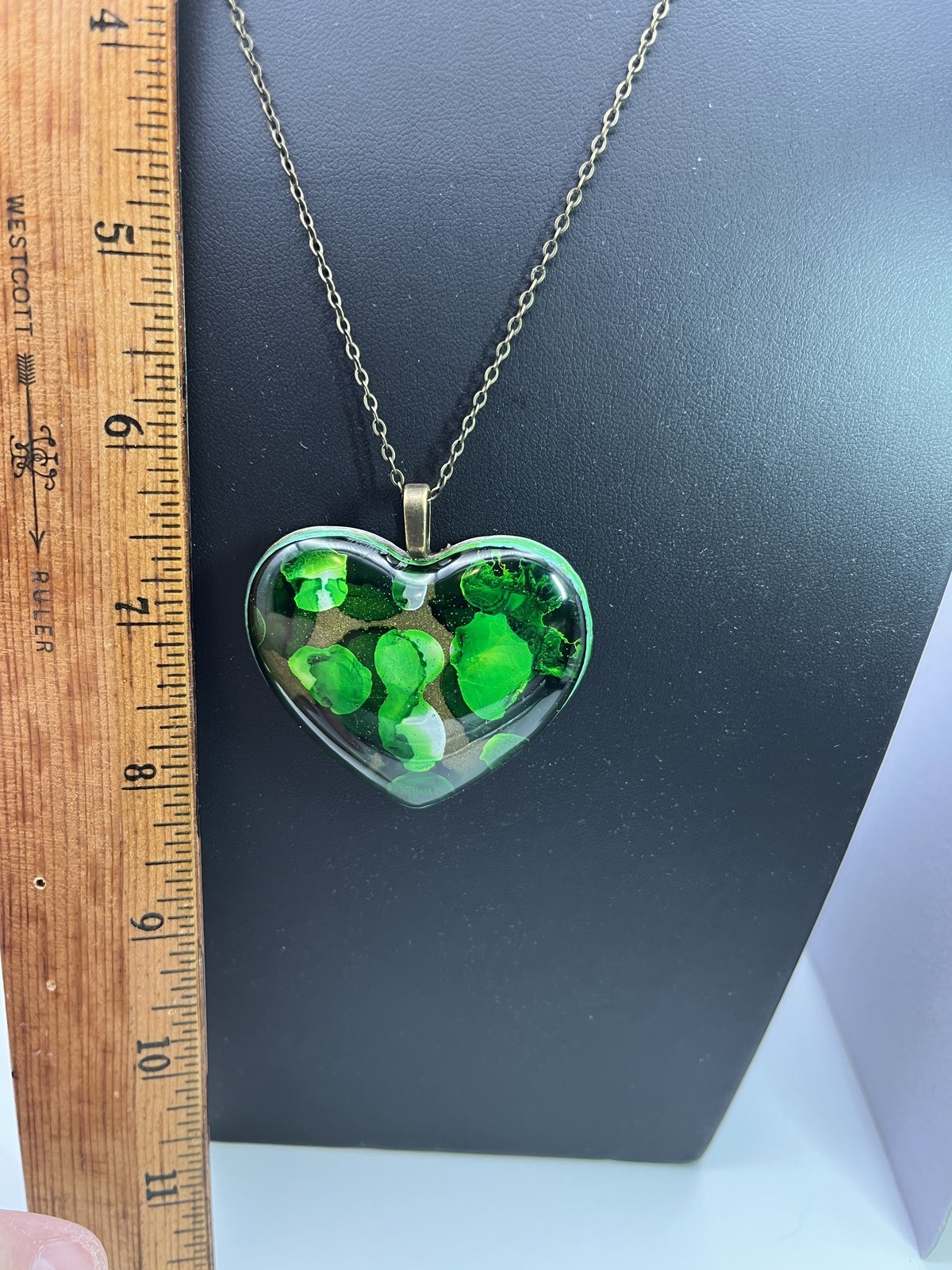Heart pendant, abstract, art w/ green gold, black & white on custom bronze chain