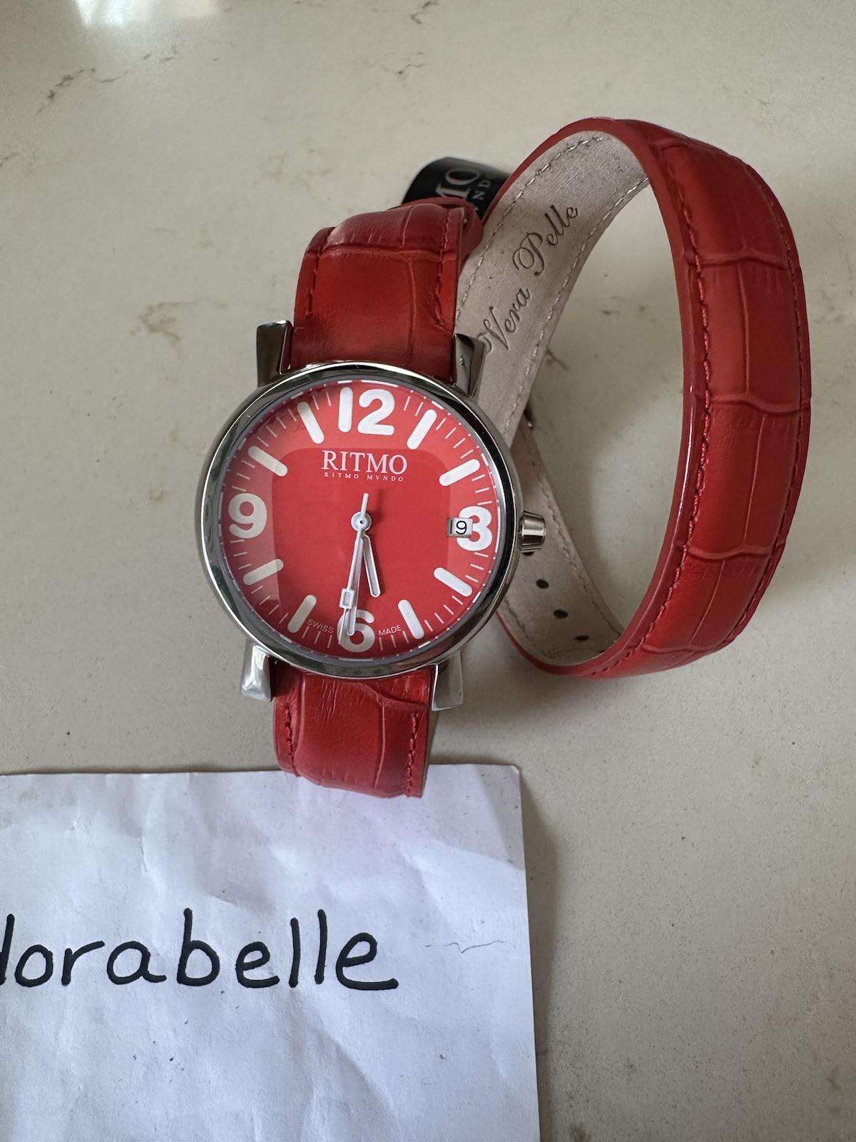 Ritmo Mundo Silver Tone Vera Pelle Red Leather Wrap Around Strap Watch NEW