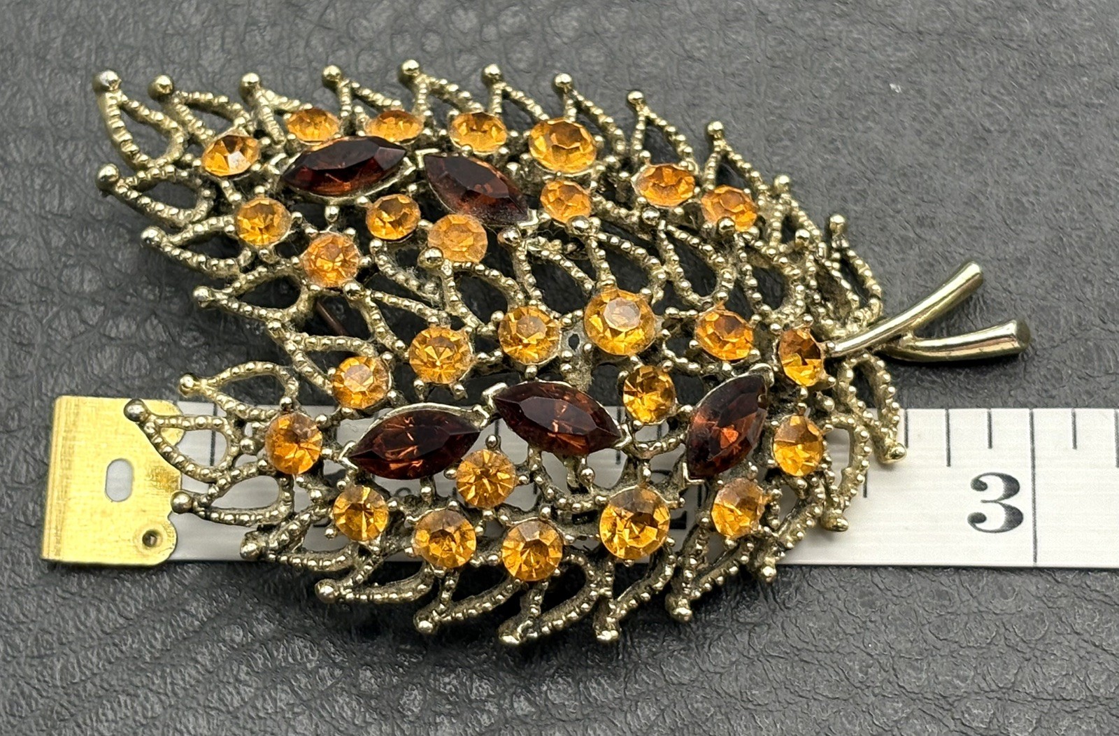 HUGE Vintage Leaf Filigree Faux Topaz Faux Citrine Rhinestone Crystal Brooch Pin