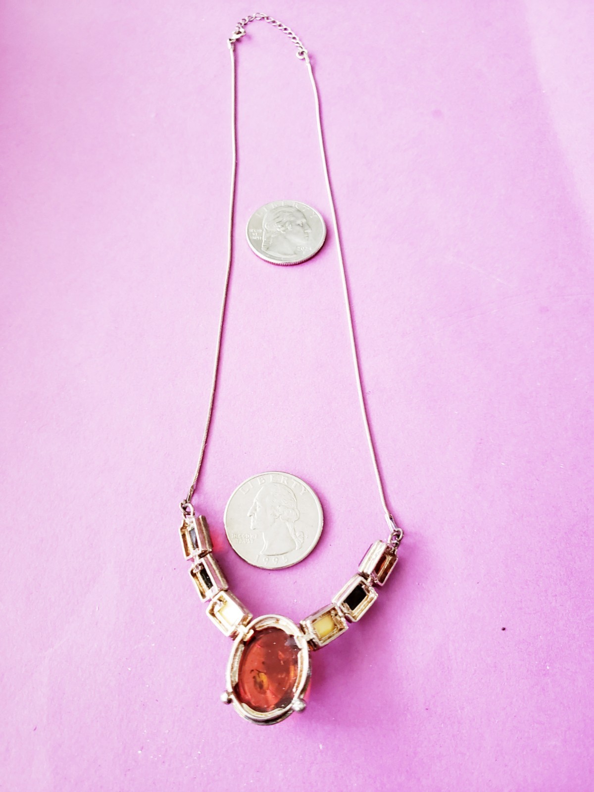 Vintage Baltic Amber Y Drop Necklace 925 Sterling Silver with other stones FAB!