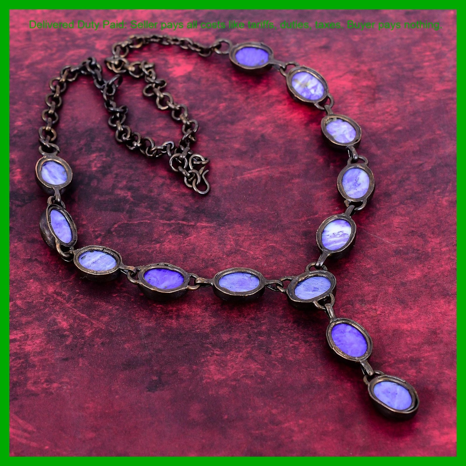 Valentines Sale Charoite Stone Electroformed Bezel Chain Necklace Jewelry Copper
