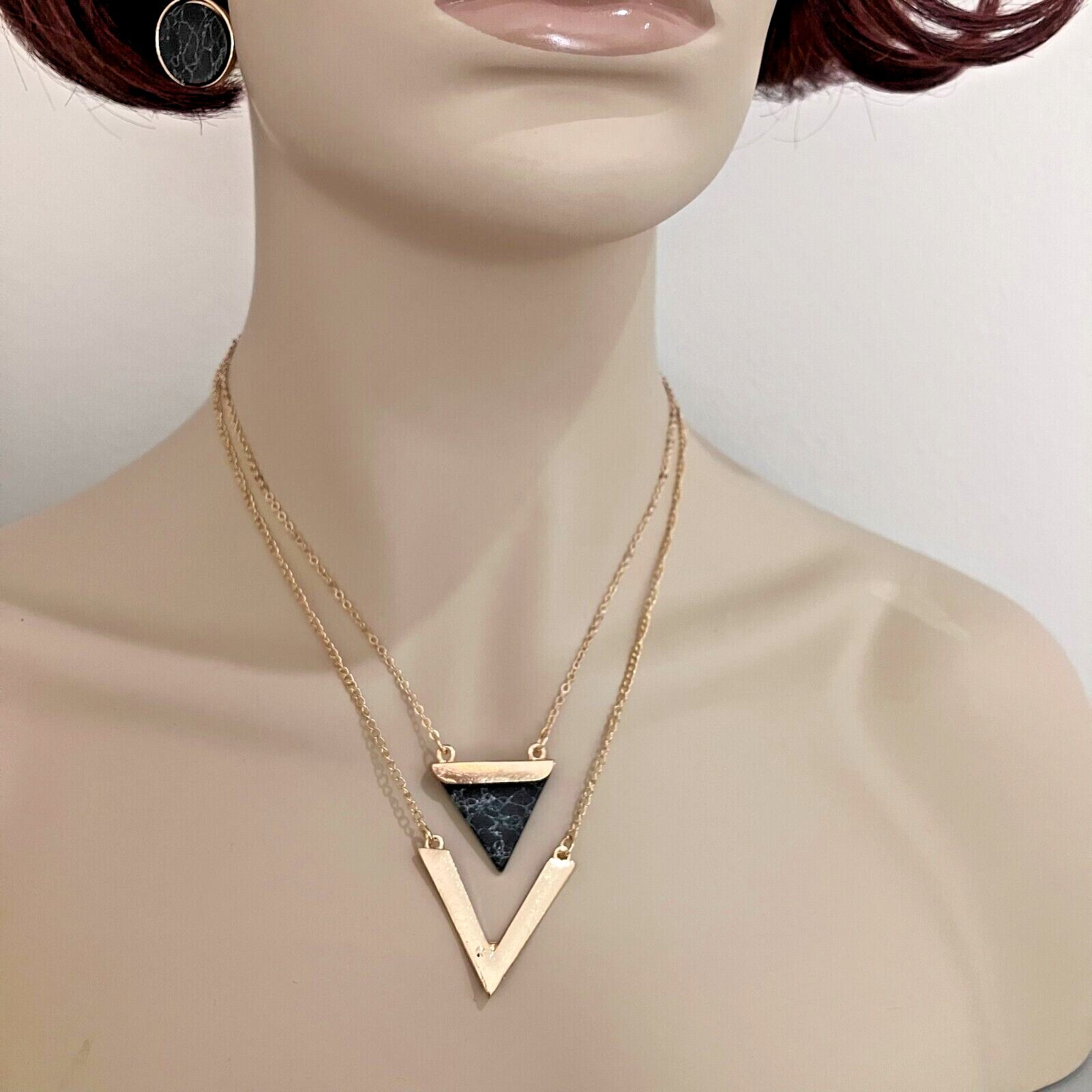 Jewelry Set-Necklace Earrings-Gold Tone-Black Marble Cut Out-Contemporary Style