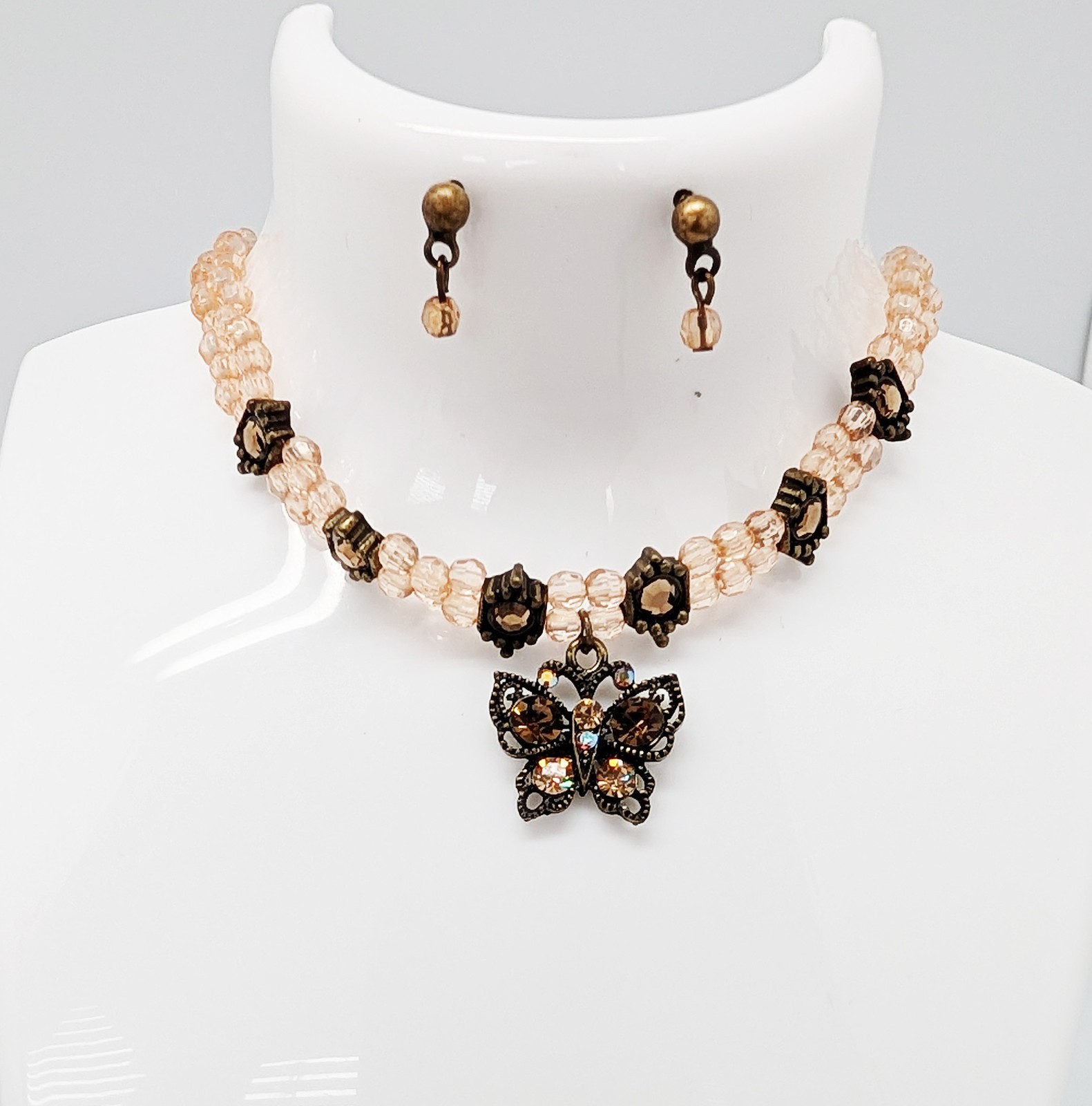 DESIGNER INSPIRED 16 in BROWN BEIGE CRYSTAL BRONZE BUTTERFLY CHOKER JEWELRY SET