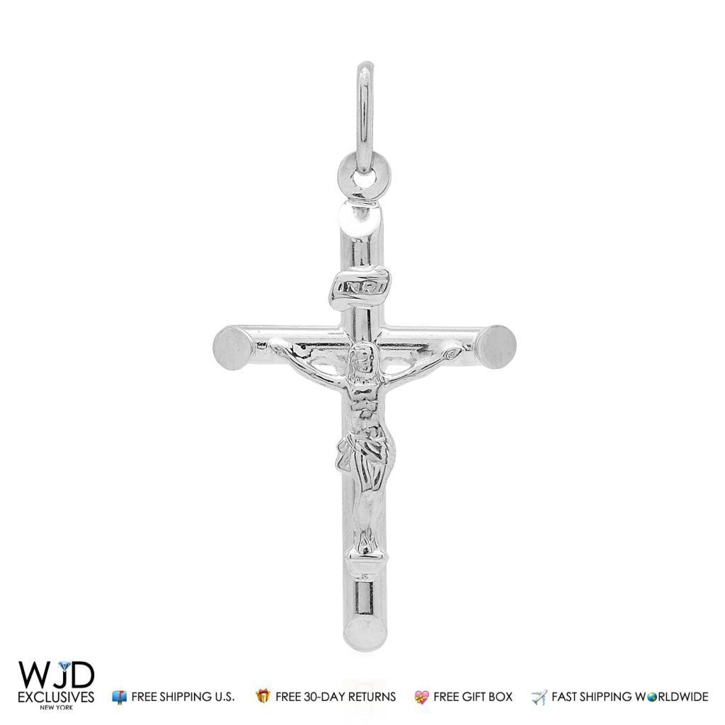14k Solid White Gold Jesus Crucifix Cross Religious Charm Pendant INRI 1.6″