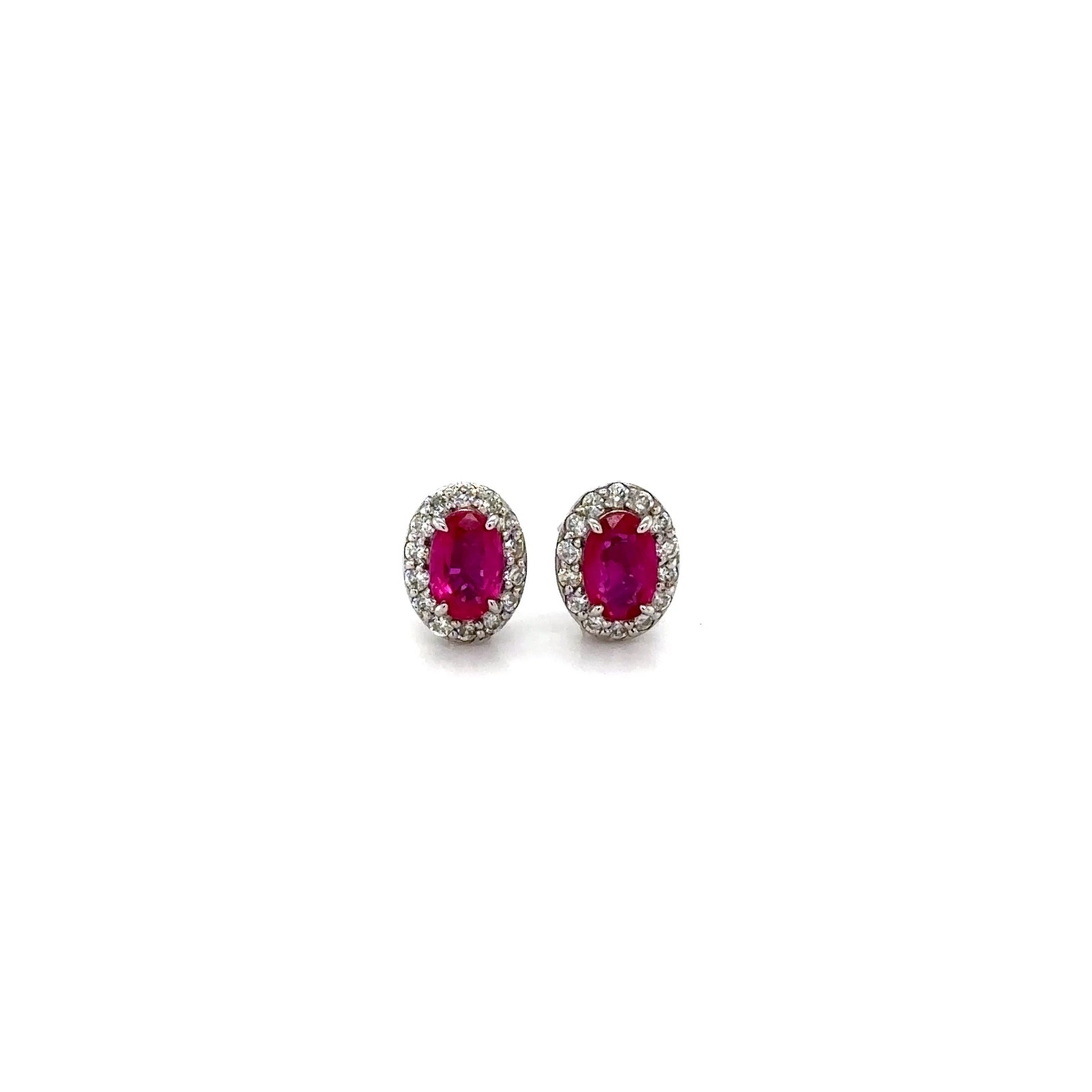 Vivid Red Ruby Oval Statement Stud Earrings,14K Gold,0.93ct Ruby 0.32ct Diamond