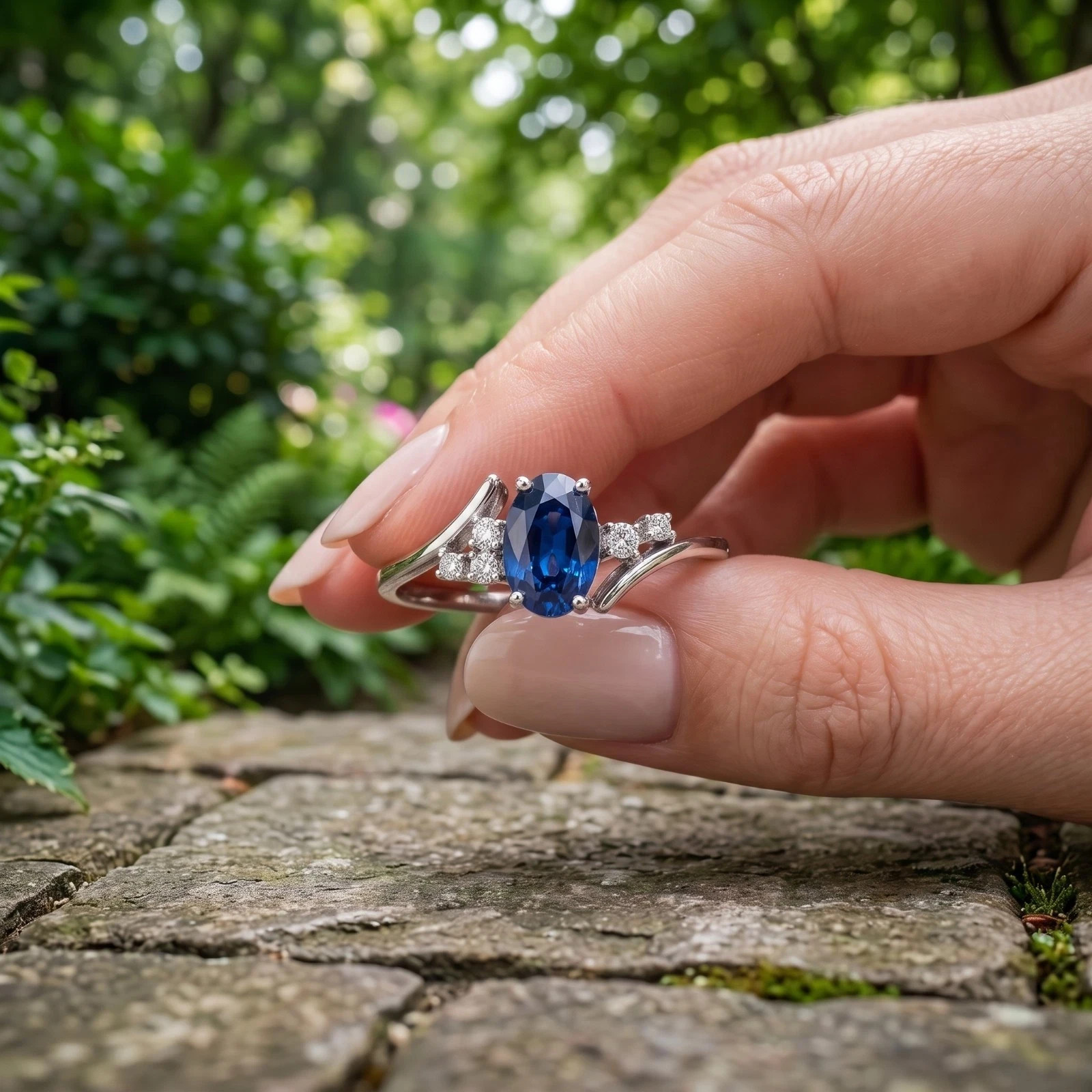 2.80Ct Oval Cut Natural Blue Sapphire & Diamond 14K White Gold Engagement Ring