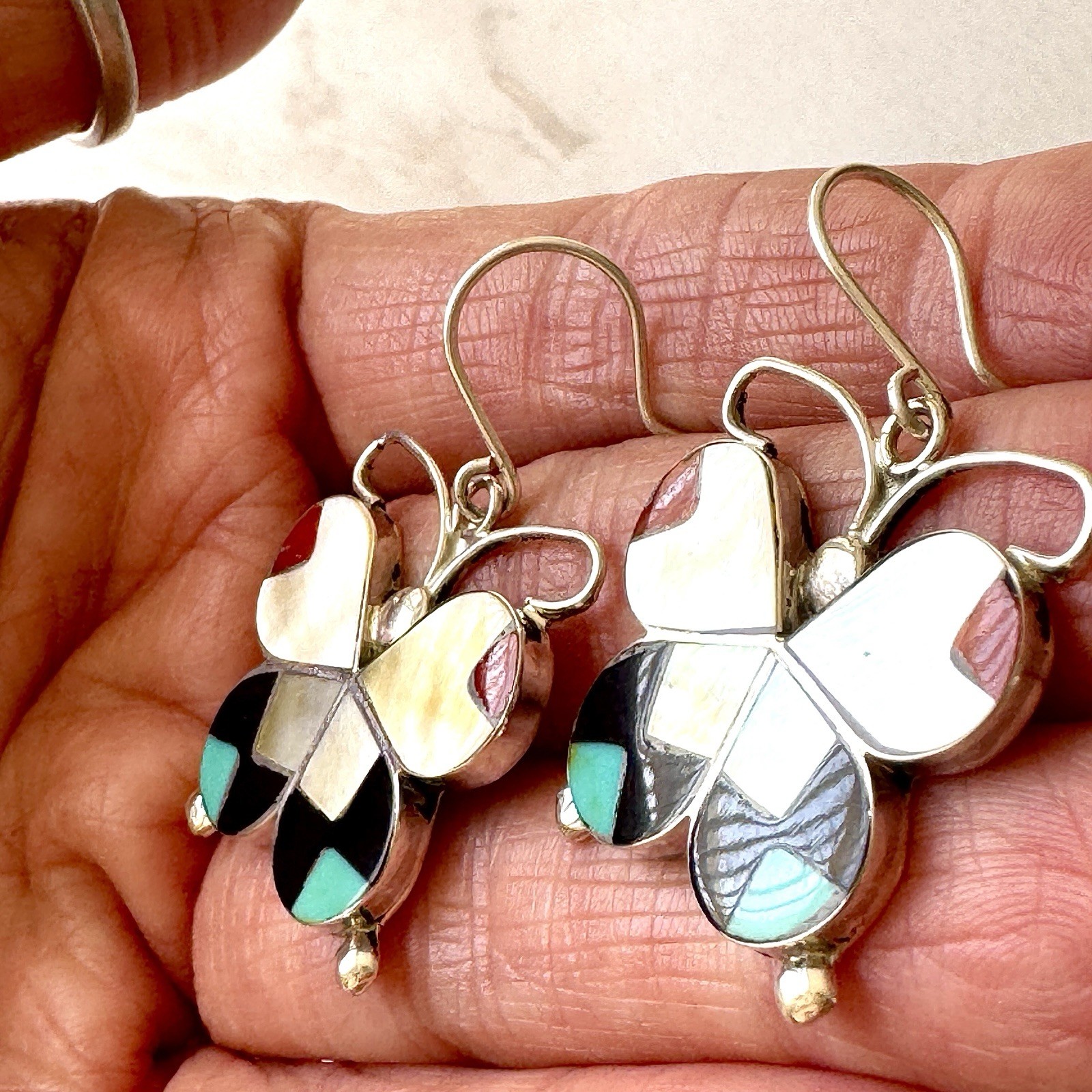 Zuni Butterfly Turquoise Earrings Multi Stone Inlay Signed Dishta Sterling Bug