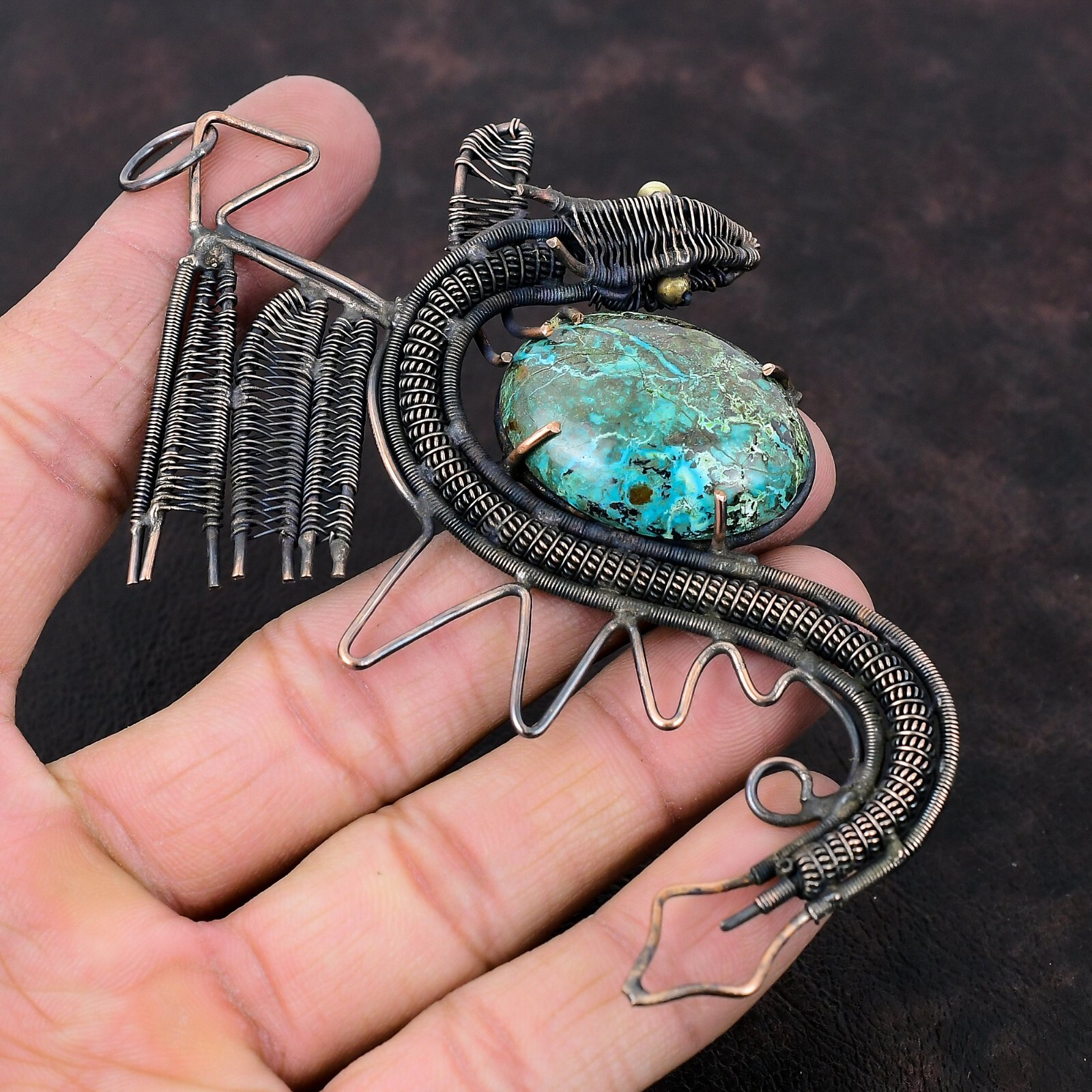 Shattuckite Gemstone Jewelry Copper Wire Wrapped Dragon Pendant For Women 4.41″