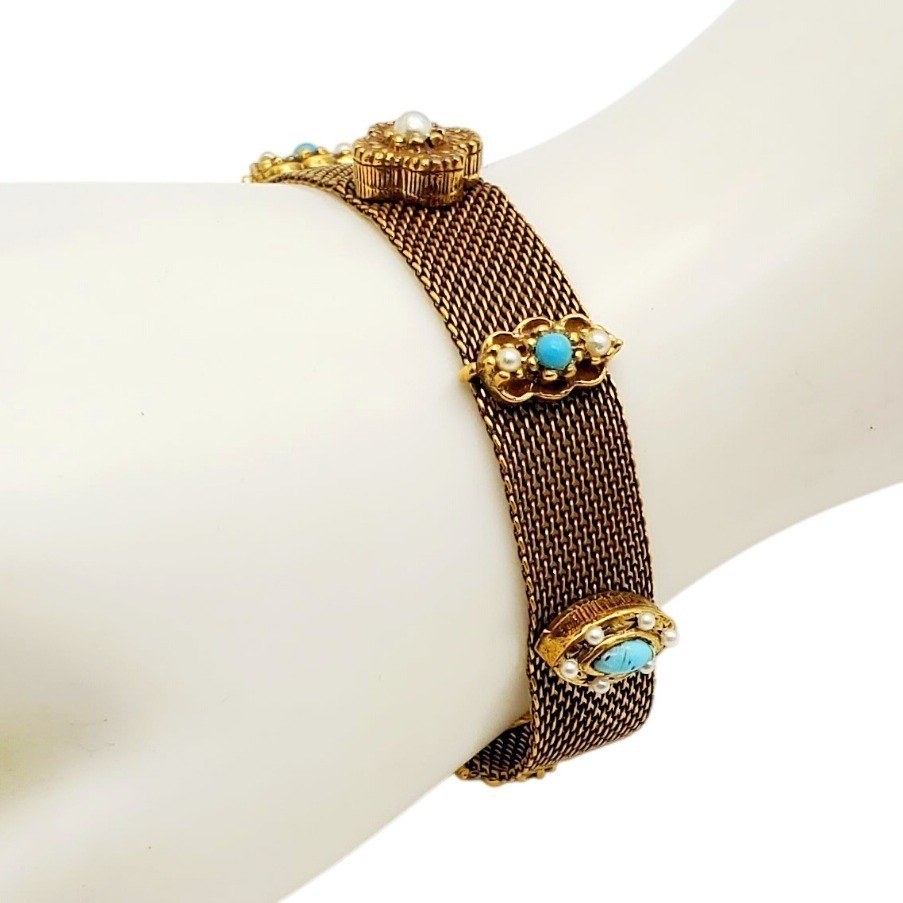 Vtg Goldette Gold Tone Victorian Revival Mesh Chain Bracelet Jeweled Blue Purple
