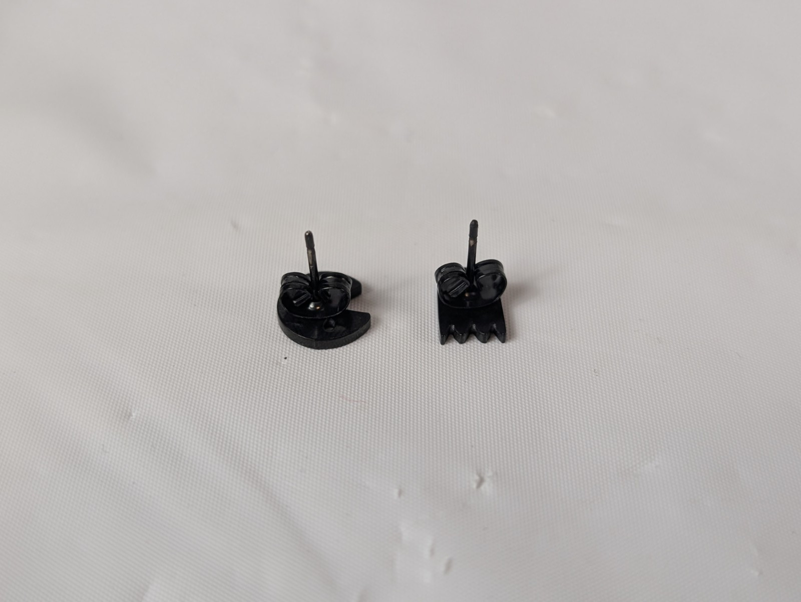 Post Pierced Earrings Tiny Small Black Metal Asymmetrical Pacman And Ghost
