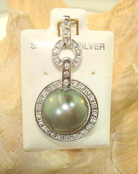 925 Sterling Silver 13.0mm 14.46Cts Tahitian Black Pearl CZ Designer Pendant #4B