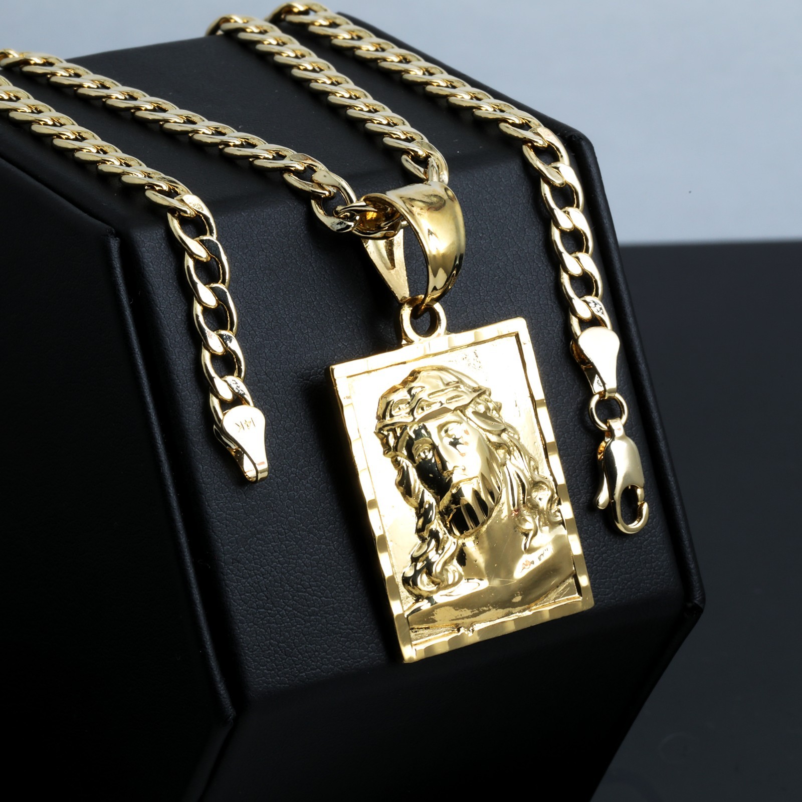 Block Jesus Face Charm Pendant 14k Gold Plated Brass 5mm 20″ Cuban Choker Chain