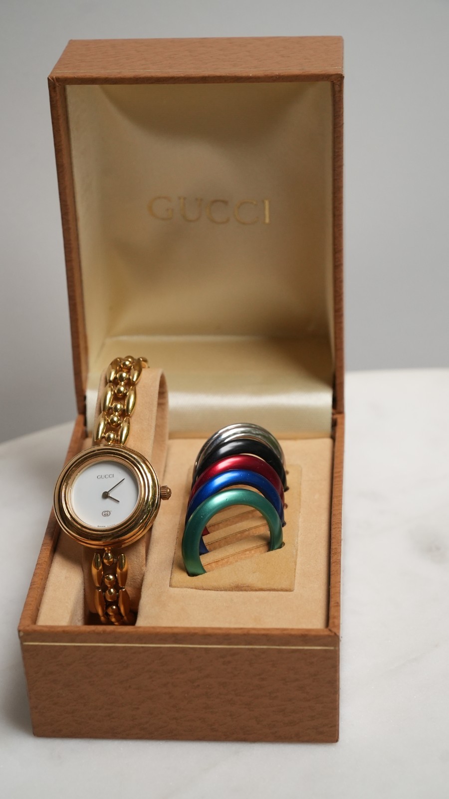 Gucci 11/12 Vintage Interchangeable Bezel Watch Gold Plated Rice Link Ladies 110