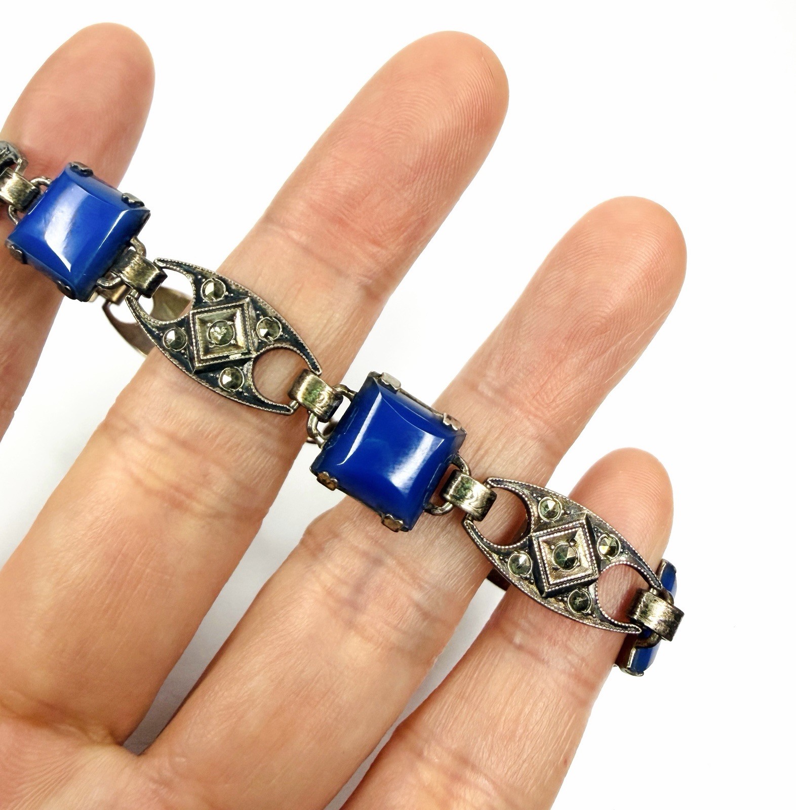 Rare Antique Art Deco Bracelet Blue Square Chalcedony Glass Beautiful Marcasite
