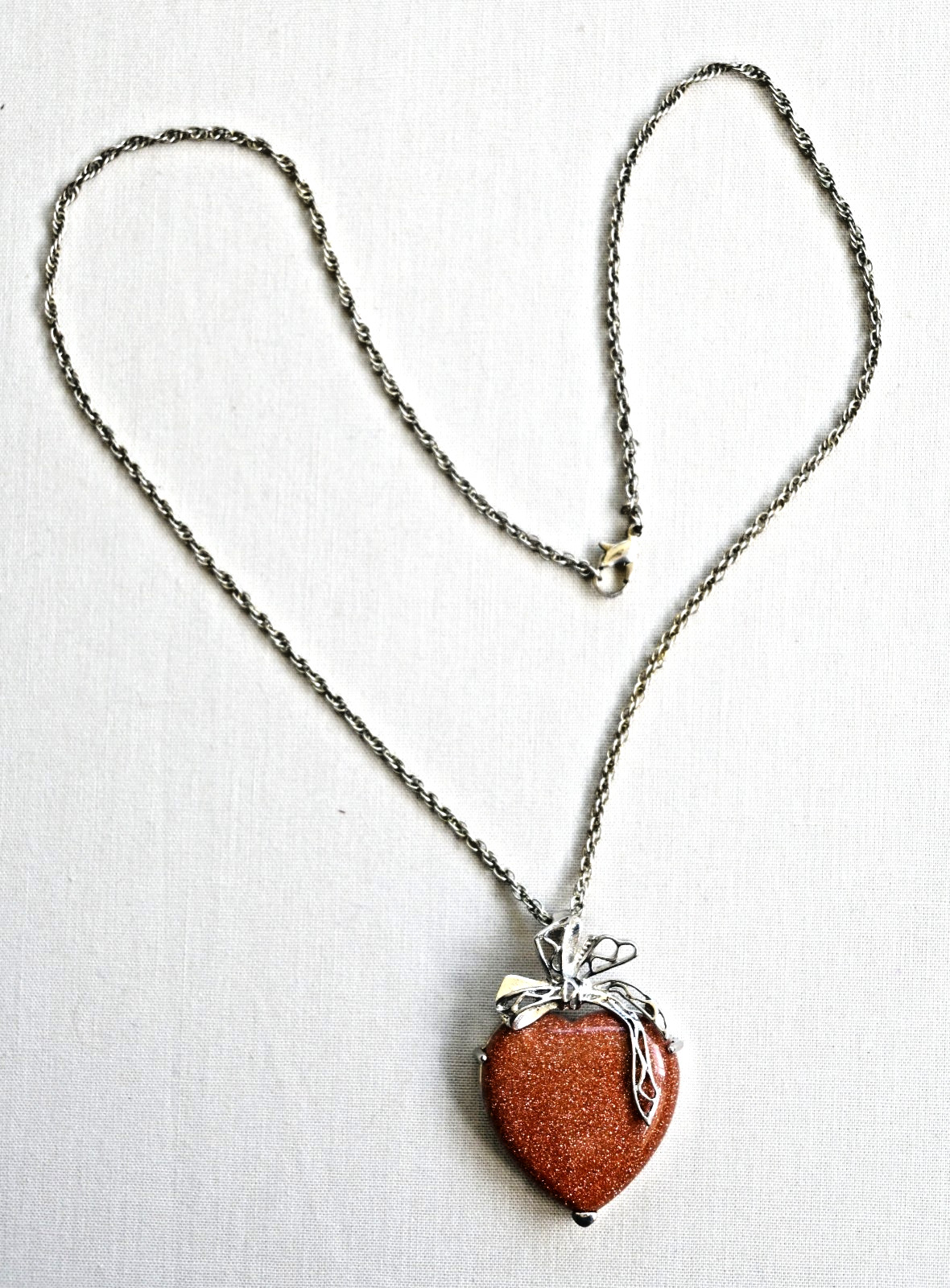 Gold Sandstone Love Heart Goldstone Silver Tone Pendant Necklace