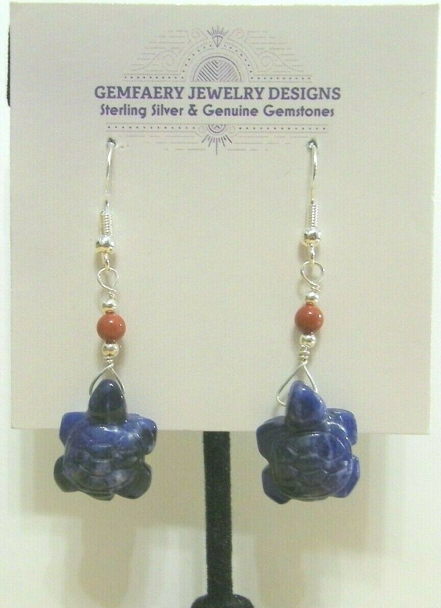 Sterling Silver Carved SODALITE Turtle Gemstone Dangle Earrings…Handmade USA