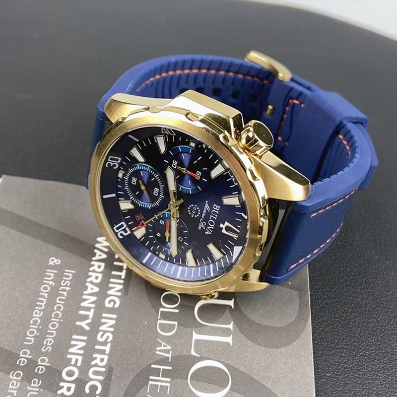 Men Bulova Marine Star Blue/Gold Dial Chronograph 97B168 Quartz Watch 43mm