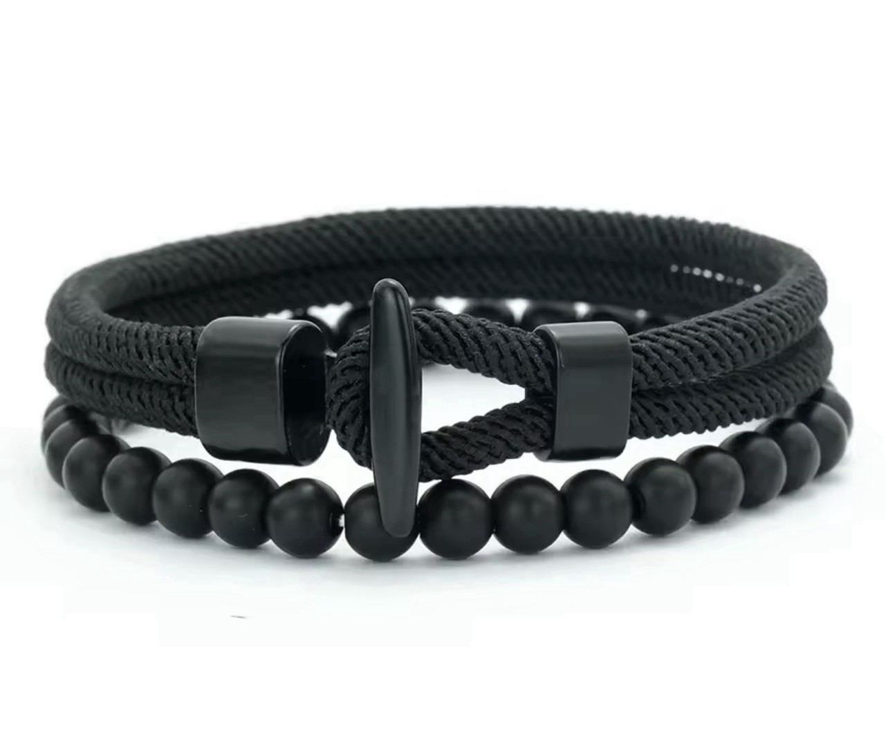 Men’s bracelet set with anchor, 6mm beads, double cord, black color, Rope,20.5cm