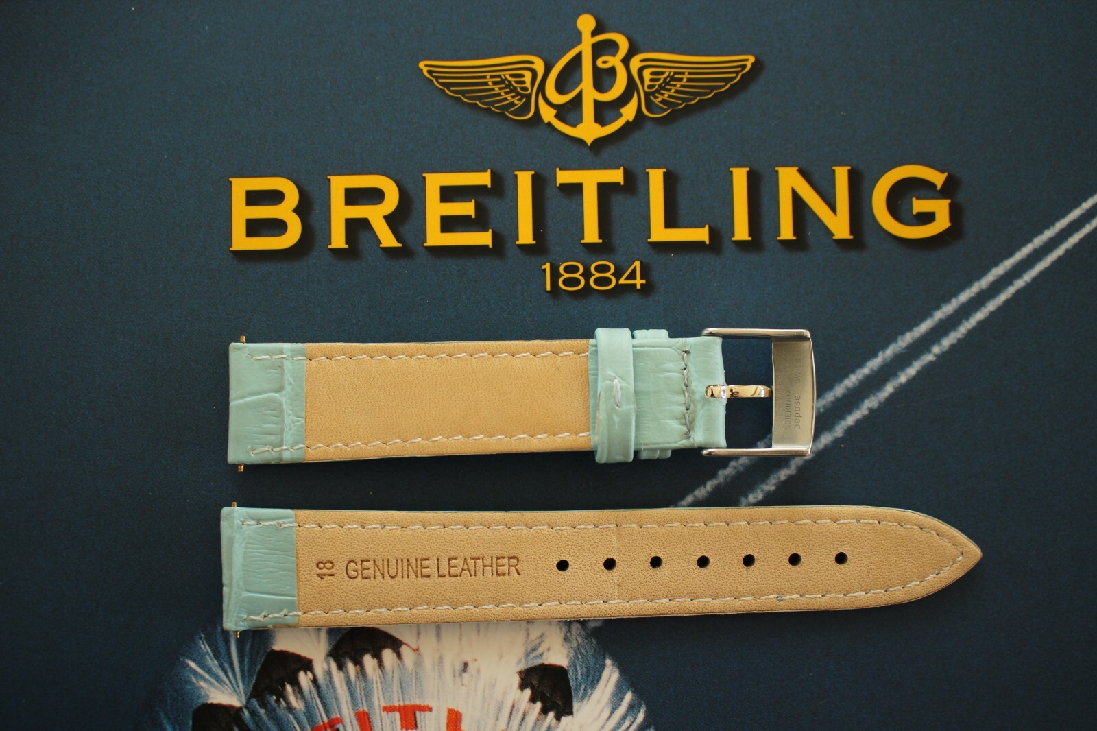 18-16 SKY BLUE CROCO CALF TONGUE BUCKLE WATCH BAND WATCHBAND STRAP FOR BREITLING
