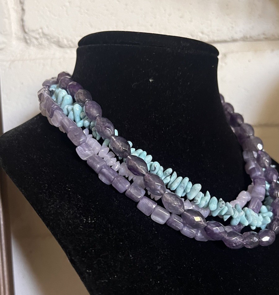 Purple & Teal Faux Stones Plastic Multi Strand Filigree End Caps Beaded Necklace
