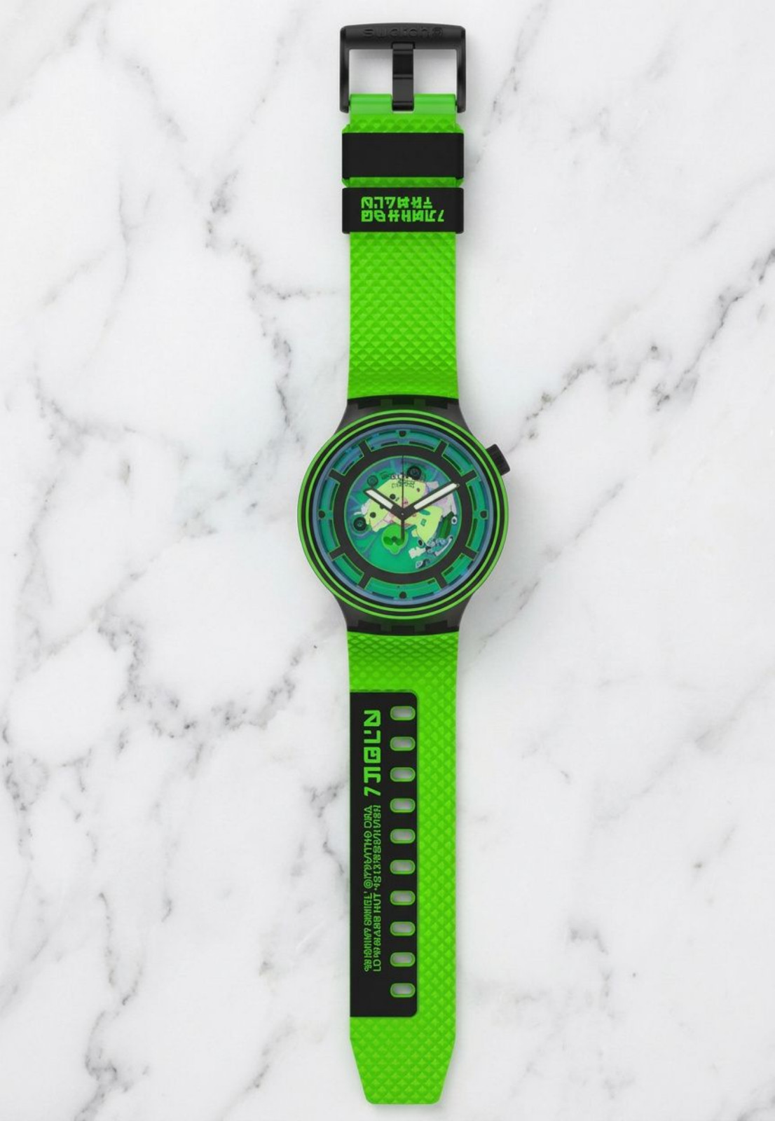 Men’s Swatch Clear Watch Big Bold Come in Peace 47mm Neon Green Silicone Strap