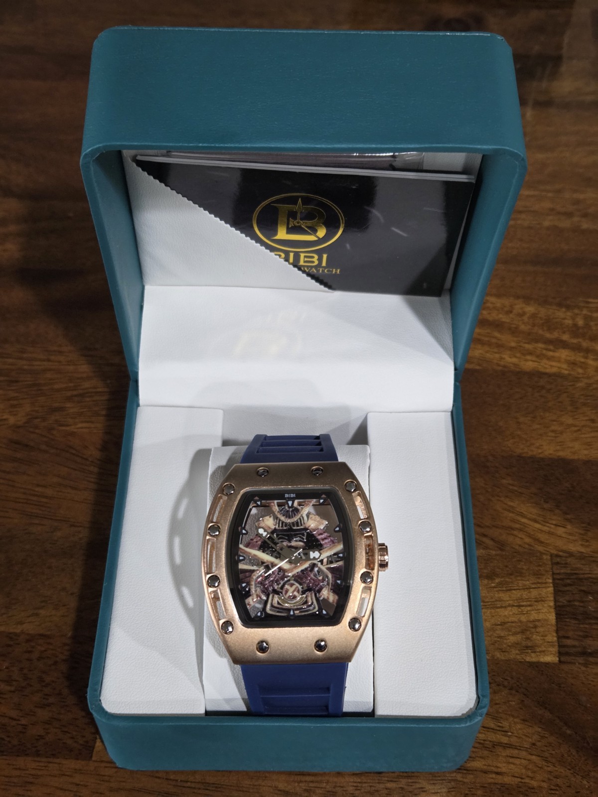 BIBI Luxury Watch B0308 Samauri Skeleton Dial, Rose Gold Case, With Blue Strap