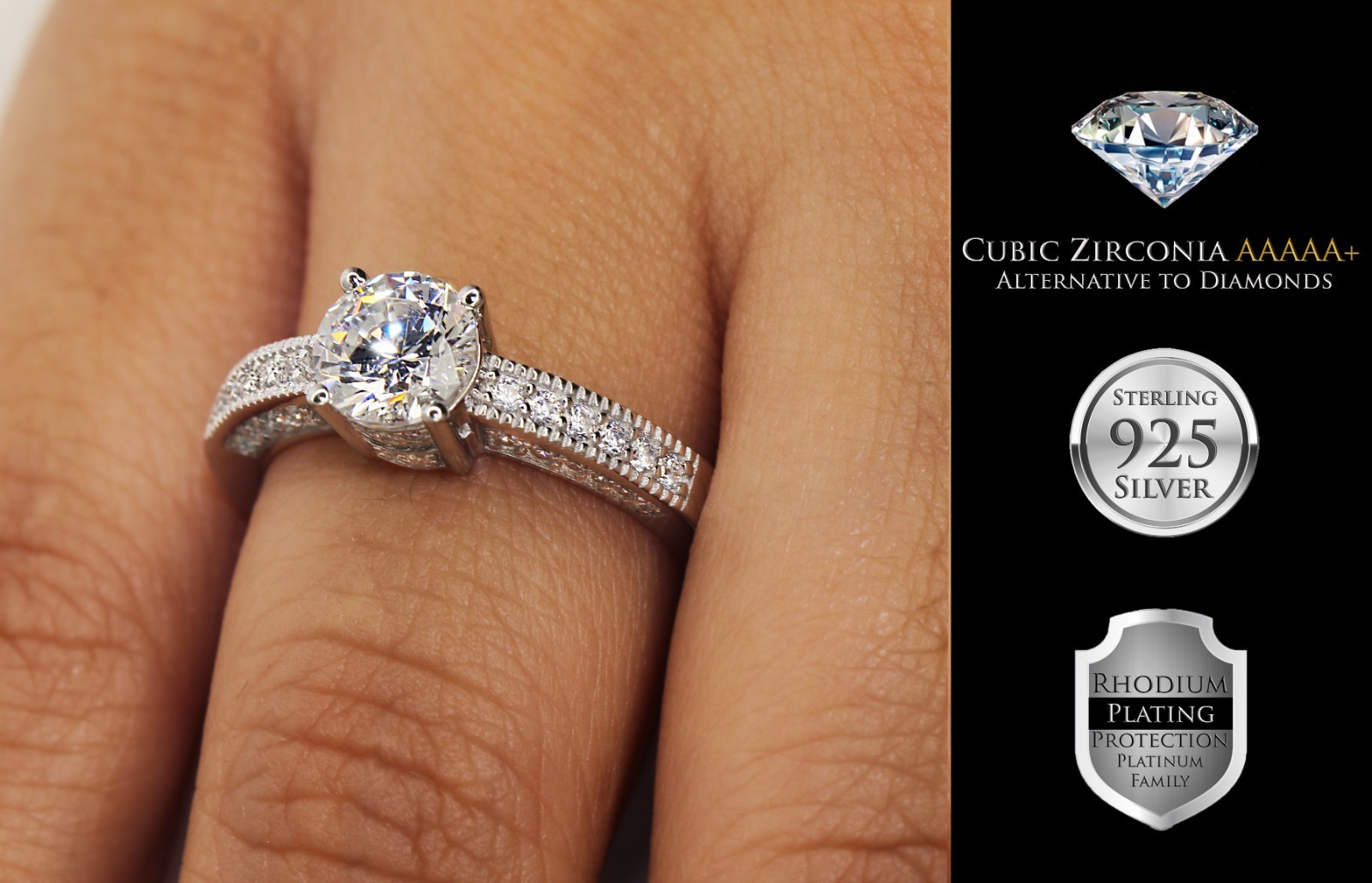 Solid Silver 925 Wedding Engagement Ring Round Cut Cubic Zirconia Stones 5A+
