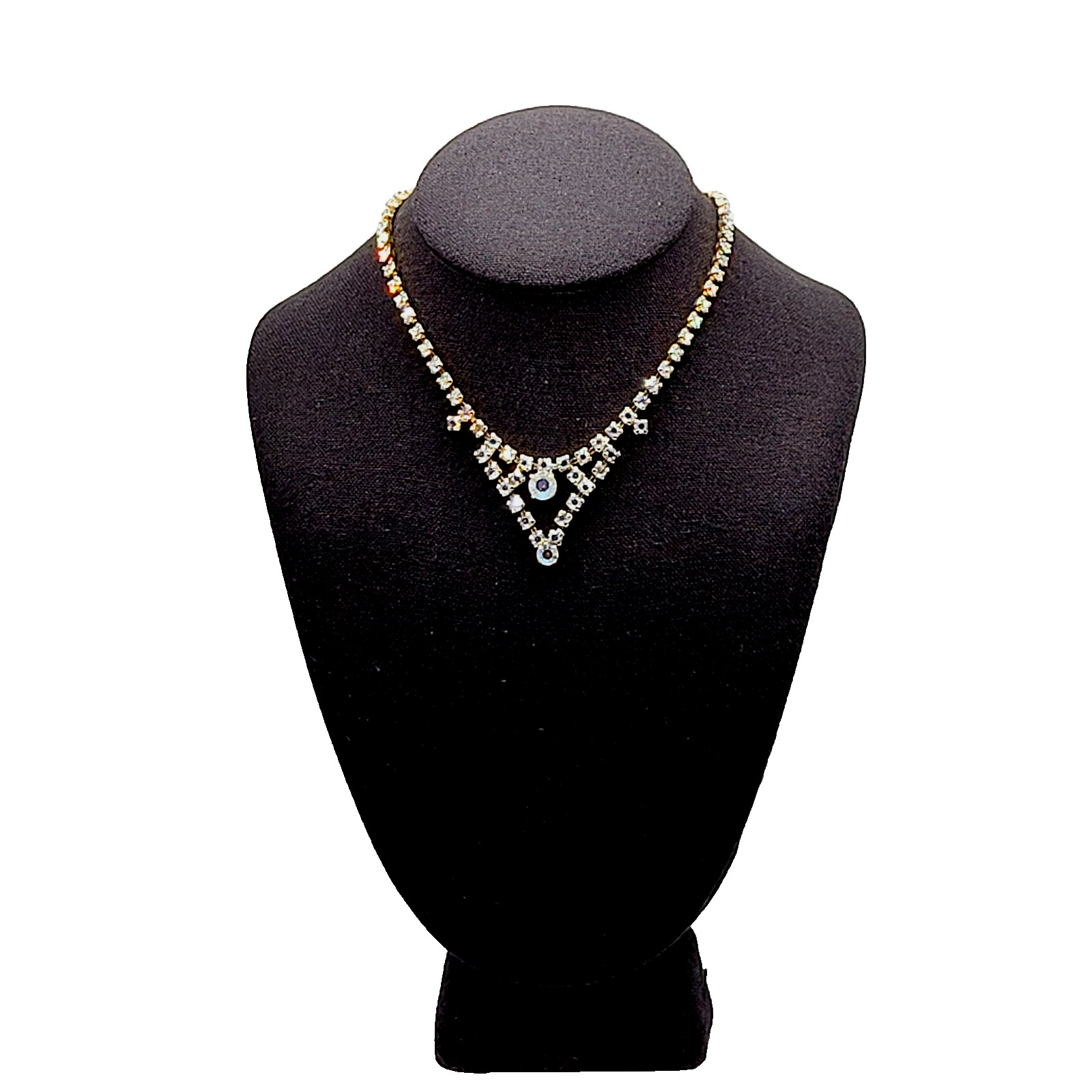 Swag or V Style Drop Choker AB Rhinestone Necklace Gold Tone Vintage 15 inch