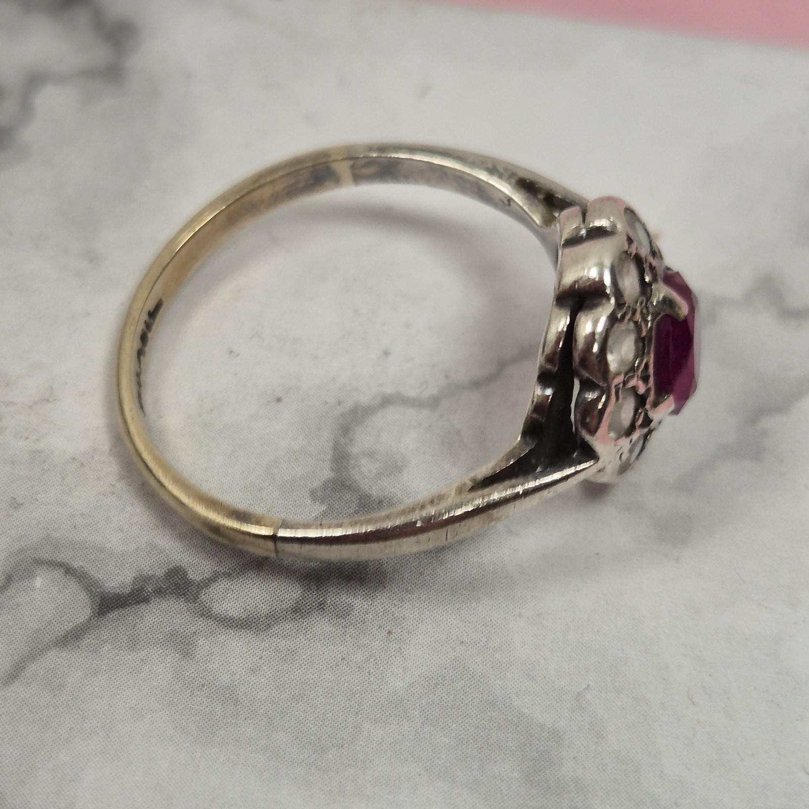 Vintage Gold Silver Pink Synthetic Ruby Cluster Ring Floral Design Size P 1/2
