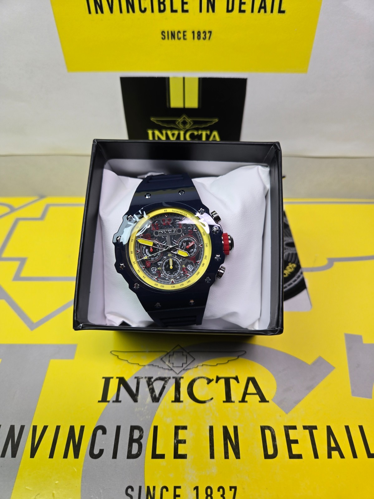 Invicta Racing Valyron Dark Blue/Yellow/Red 43.5mm Men’s Watch w/ Black Dial NEW