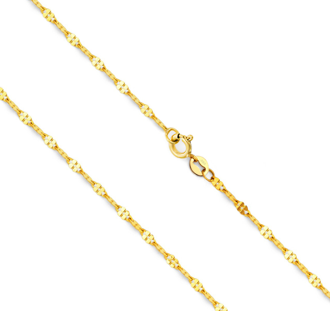 14K Yellow Gold Cable Chain Diamond Cut Slit Flat Link Mirror Chain 1.7mm wide