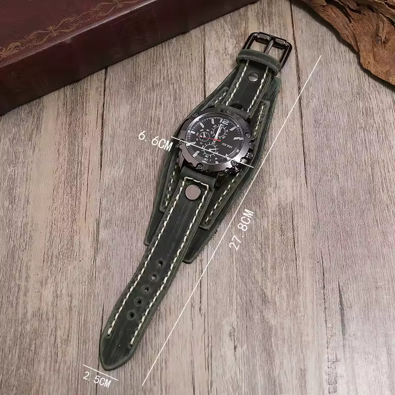 Wide Leather Watch Cuff Band Brown Wrist Black Strap Punk Retro Quartz Mens New
