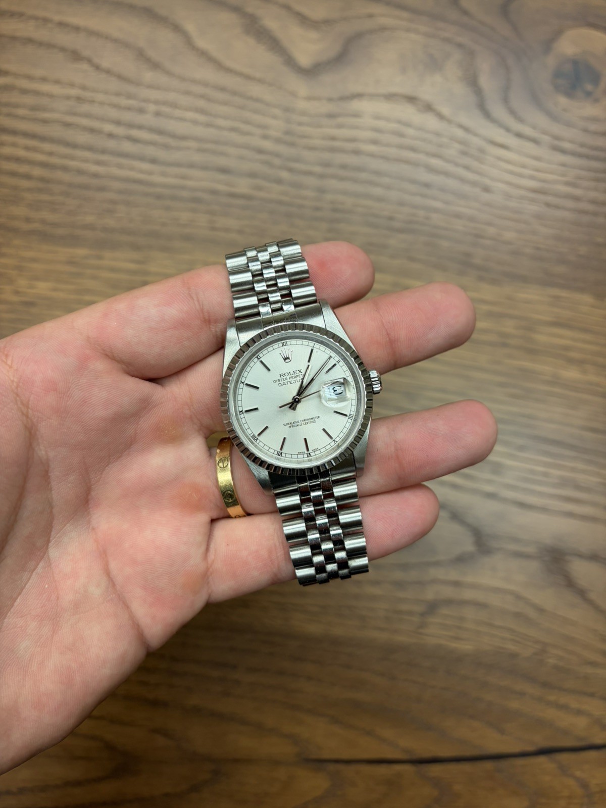 Rolex Datejust 16220 Silver Stick Dial Jubilee Band Engine Turned Bezel