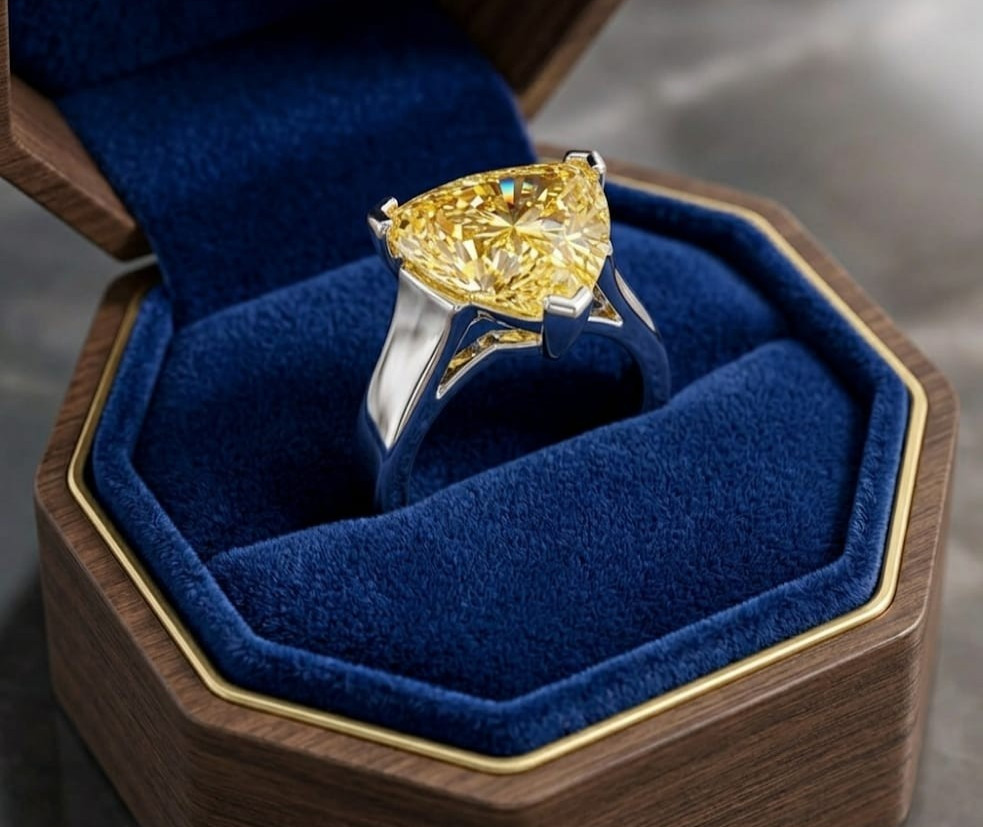 RARE 4.30 Ct Certified Trillion Yellow Natural Diamond Ring White Gold Finish