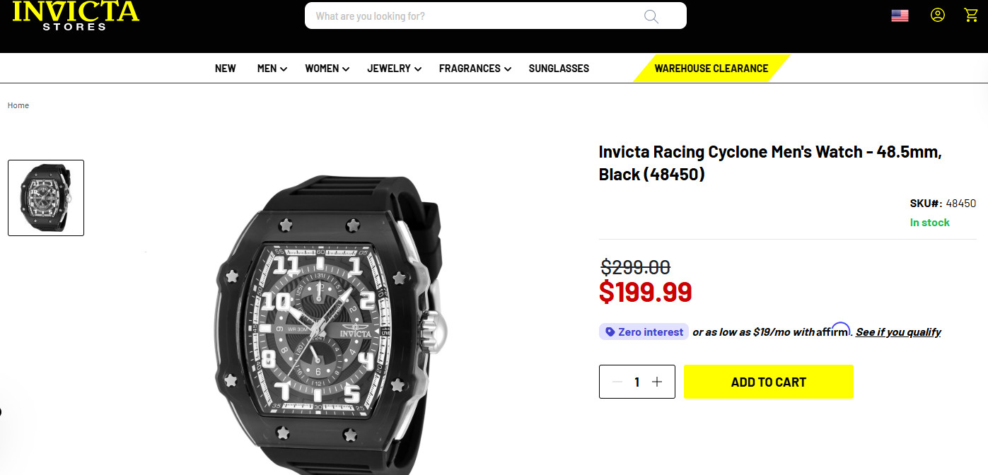 Invicta Racing Cyclone Podium Men’s Watch – 48.5mm, Black case /Black Dial New