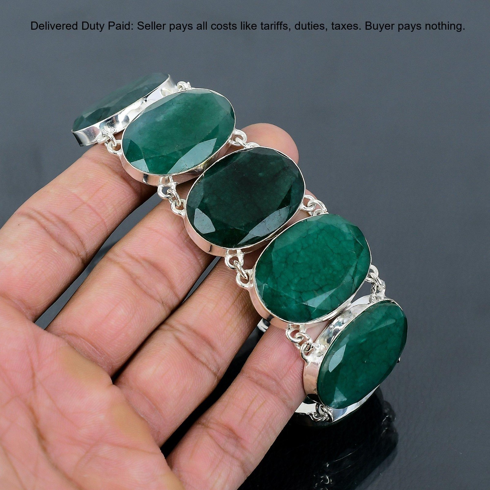 925 Sterling Silver Oval Zambian Emrald Gemstone Handcrafted Wife Chain Bracelet
