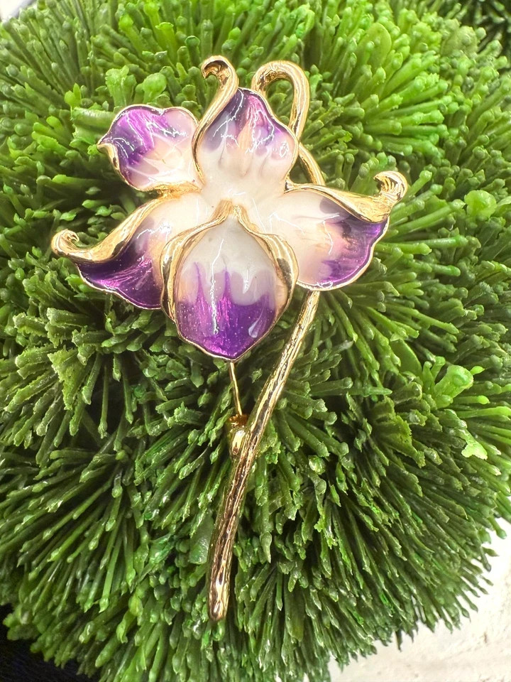 New Orchid Enamel Flower Brooch, 2.28-Inch, 14K Gold‑Plated Pin