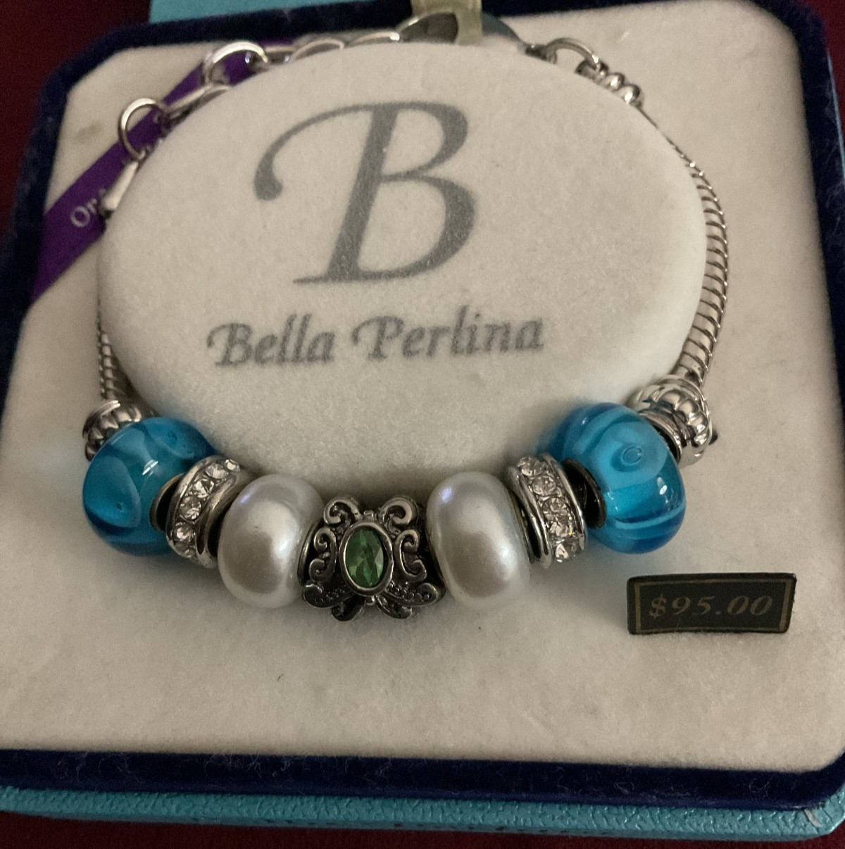 Bella Perlina Silver-Tone Charm Bracelet Blue Murano-Style Glass Crystal NIB