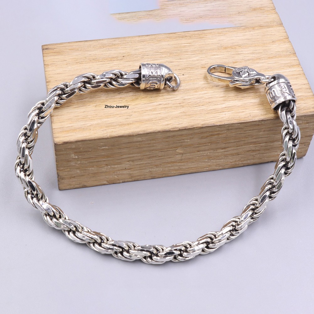 Solid 925 Sterling Silver Men’s Bracelet 6mm Rope Link Chain Bracelet 8.26inch