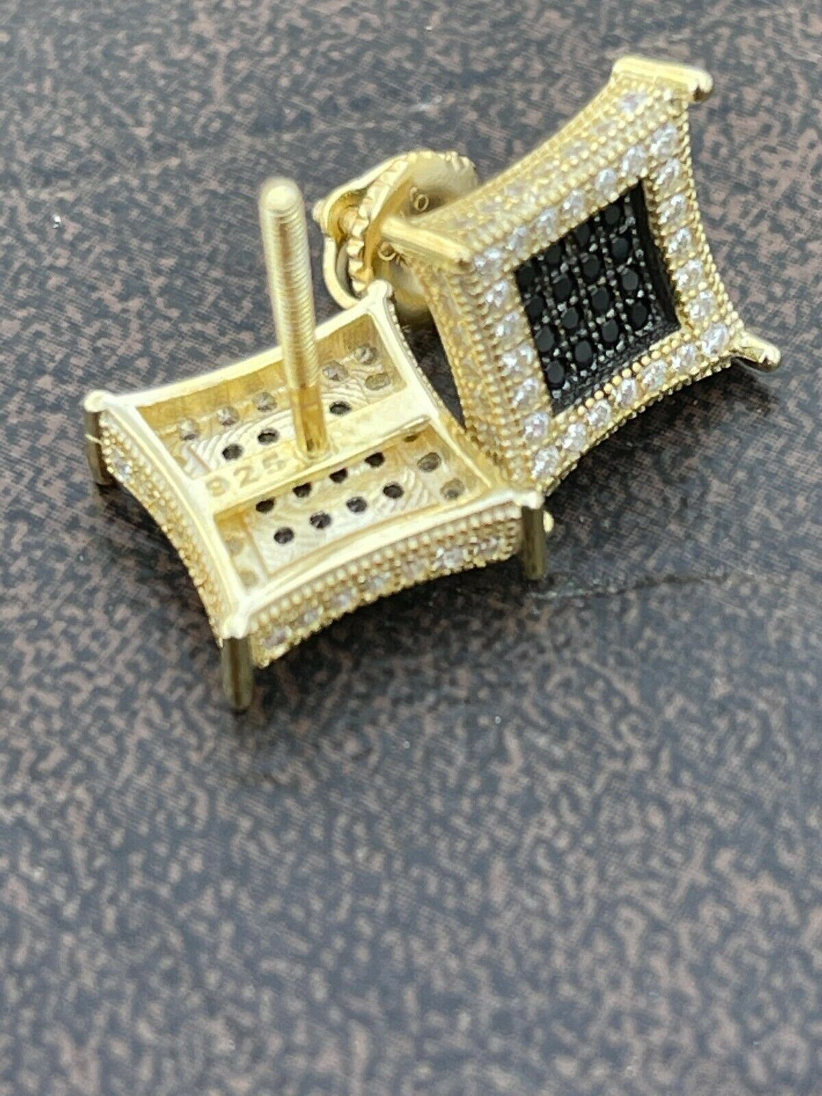 Mens 14K Gold Plated 925 Silver Iced Kite Black CZ Square Earrings Studs