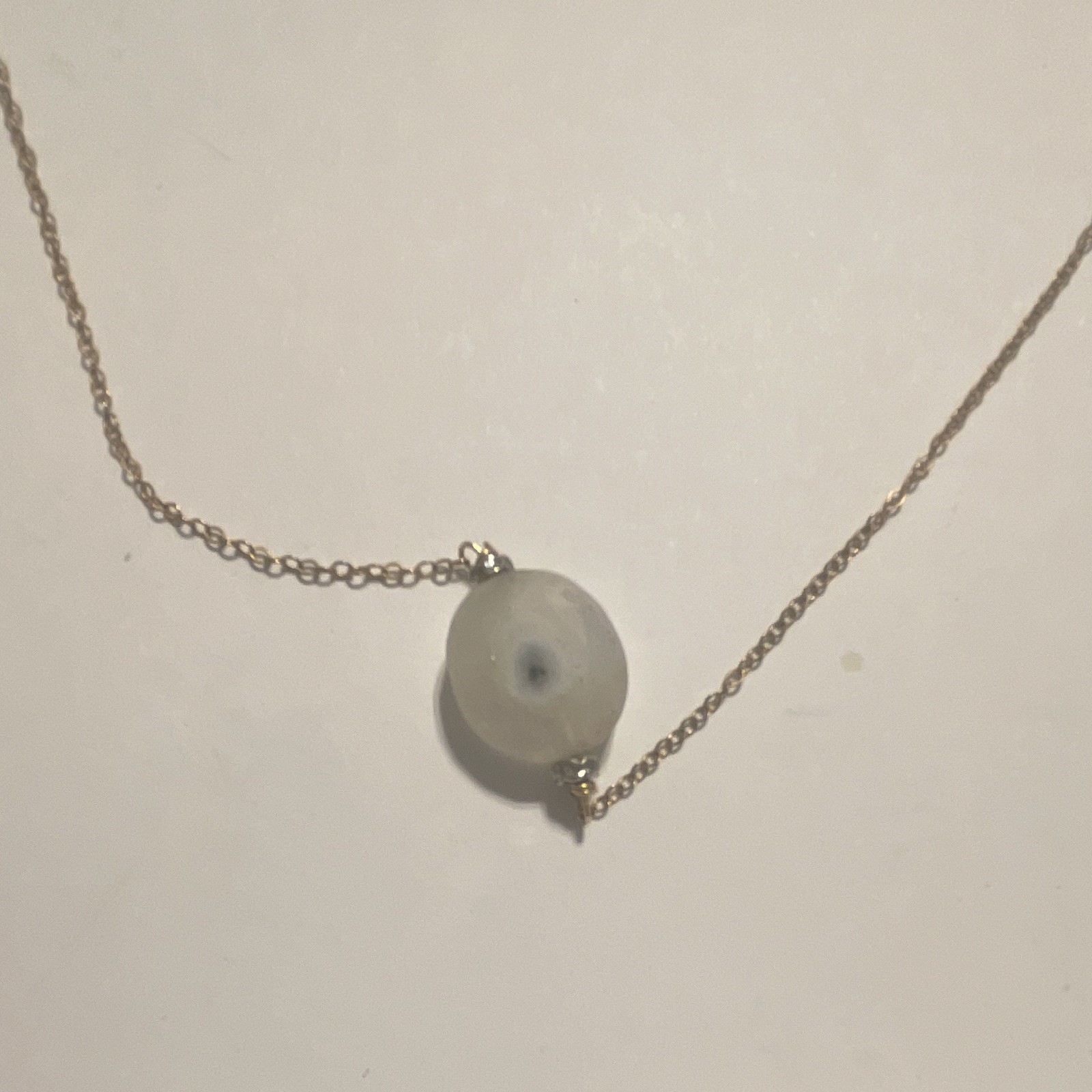 Gold Tone Cable Chain Necklace w/ Round White Agate Stone Charm Pendant